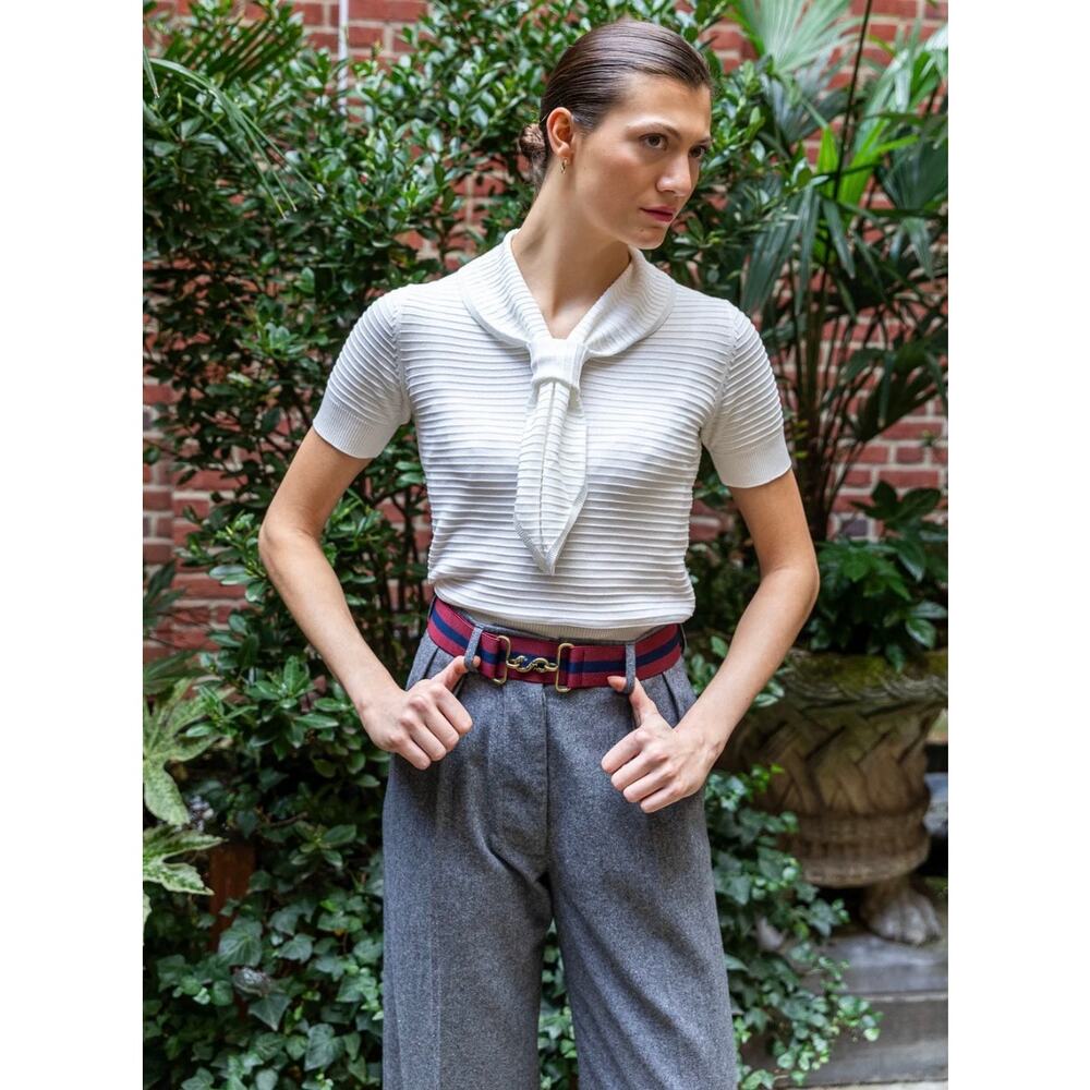 Cathcart London Sailor Top Blouse Ribbed Bow Tie Neck 6 White Cotton Silk